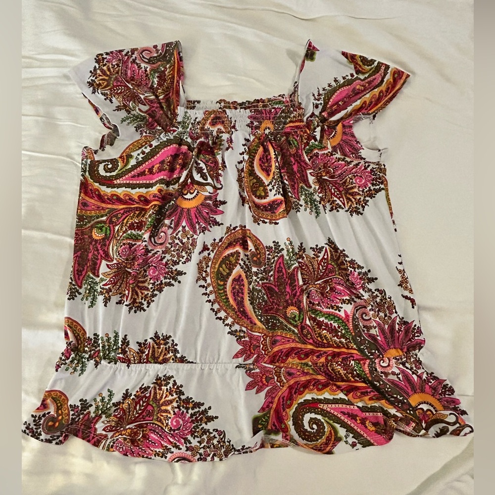 Vintage Lane Bryant Cap sleeve smocked Paisley Print  ruffle hem top size 14/16